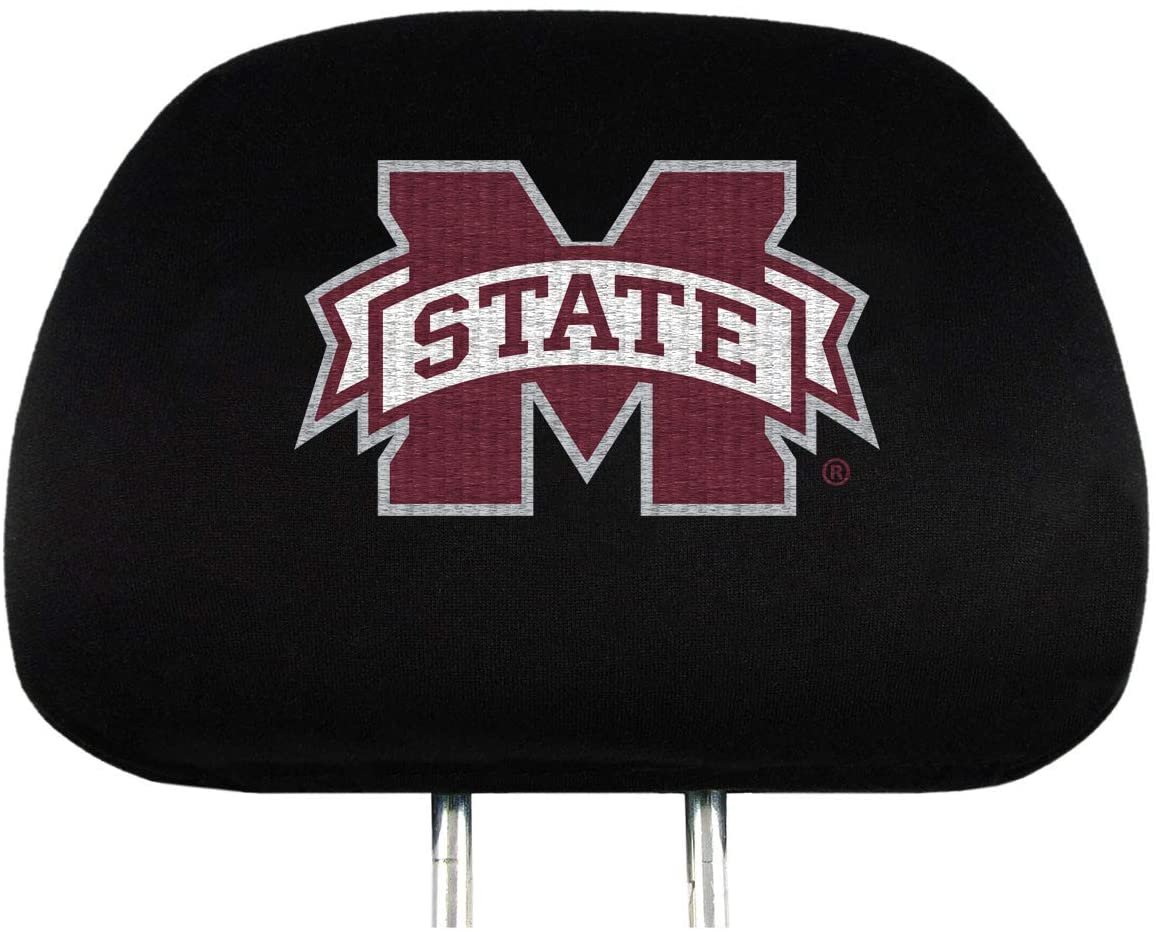 Mississippi State University Bulldogs Pair of Auto Head Rest Covers, Embroidered, Black Elastic, 14x10 Inch