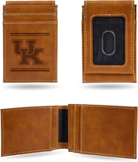 NCAA University of Kentucky Wildcats Men’s Front ID Pocket Brown Wallet- Premium 8 Pocket Laser-Engraved Team Logo on Vegan Leather- Minimalist Design, Credit Card Holder- Ideal for Travel or Men’s Gift