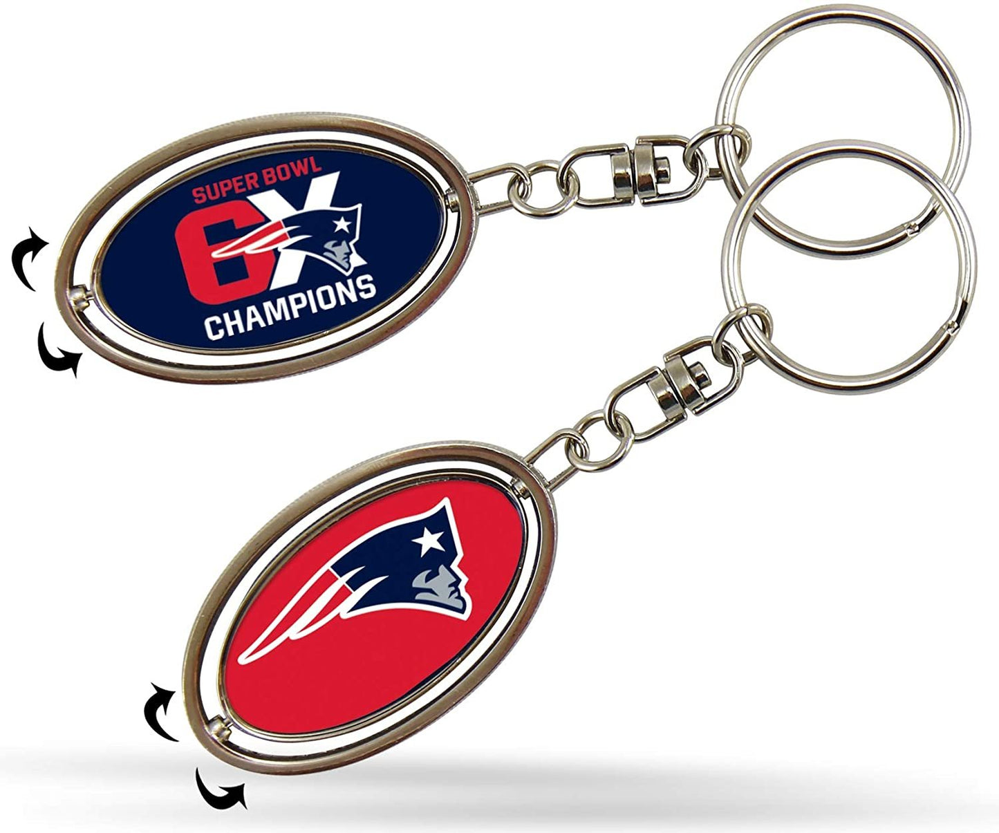 Rico Industries, Inc. Patriots 6X Super Bowl Champions Metal Oval 2-Sided Spinner Keychain Football 6-Time