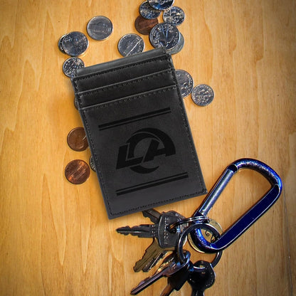 Los Angeles Rams Premium Black Leather Wallet, Front Pocket Magnetic Money Clip, Laser Engraved, Vegan