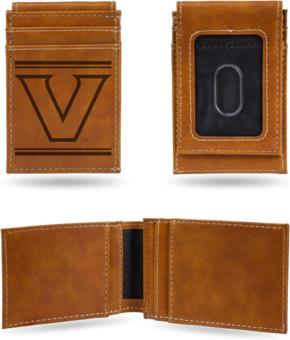 Vanderbilt University Commodores Premium Brown Leather Wallet, Front Pocket Magnetic Money Clip, Laser Engraved, Vegan
