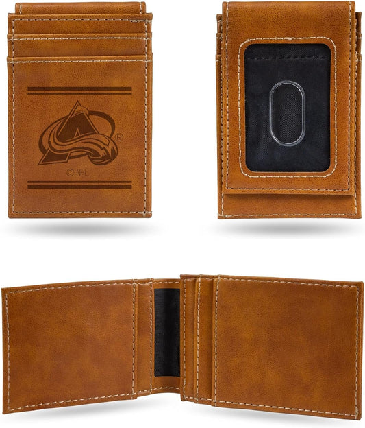 Rico Industries NHL Colorado Avalanche Premium Laser Engraved Vegan Brown Leather Front Pocket Wallet - Compact and Slim yet Sturdy Design - Perfect to Show Your Team Pride or Gift