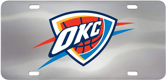 Oklahoma City Thunder License Plate Tag, Premium Stainless Steel Diecast, Chrome, Raised Solid Metal Color Emblem, 6x12 Inch