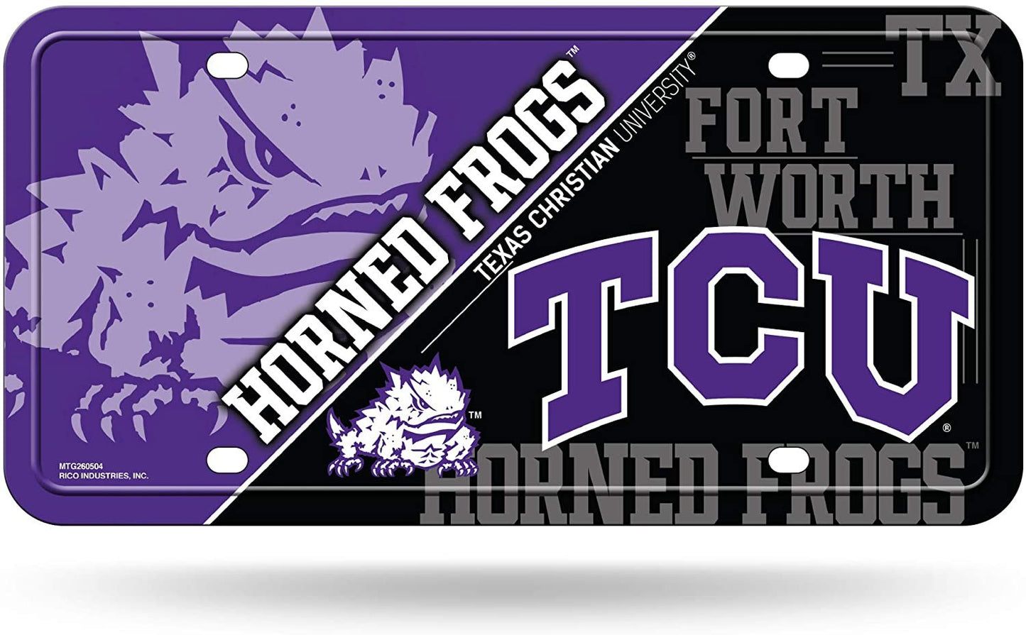 Texas Christian University Horned Frogs TCU Metal Auto Tag License Plate, Split Design, 6x12 Inch