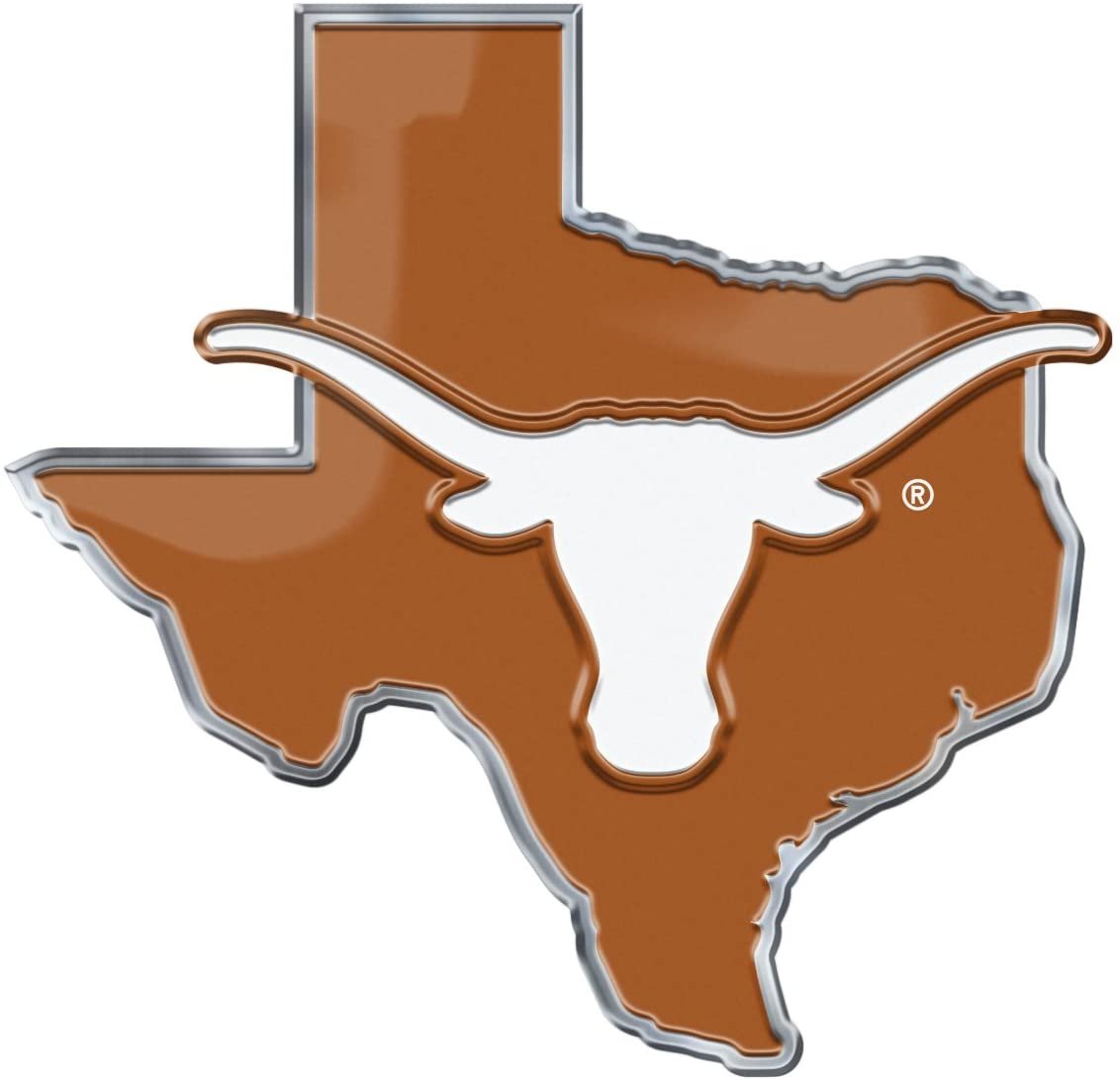 University of Texas Longhorns Team State Design Auto Emblem, Aluminum Metal, Embossed Team Color, Raised Decal Sticker, Full Adhesive Backing