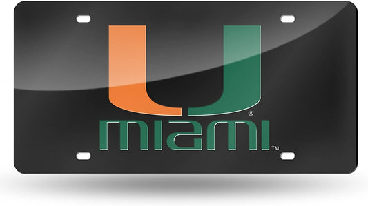 University of Miami Hurricanes Premium Laser Cut Tag License Plate, Black, Mirrored Acrylic Inlaid, 12x6 Inch
