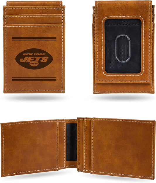 Rico Industries NFL New York Jets Premium Laser Engraved Vegan Brown Leather Front Pocket Wallet - Compact and Slim yet Sturdy Design - Perfect to Show Your Team Pride or Gift