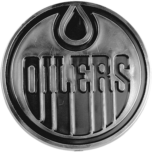 Edmonton Oilers Auto Emblem, Plastic Molded, Silver Chrome Color, Raised 3D Effect, Adhesive Backing