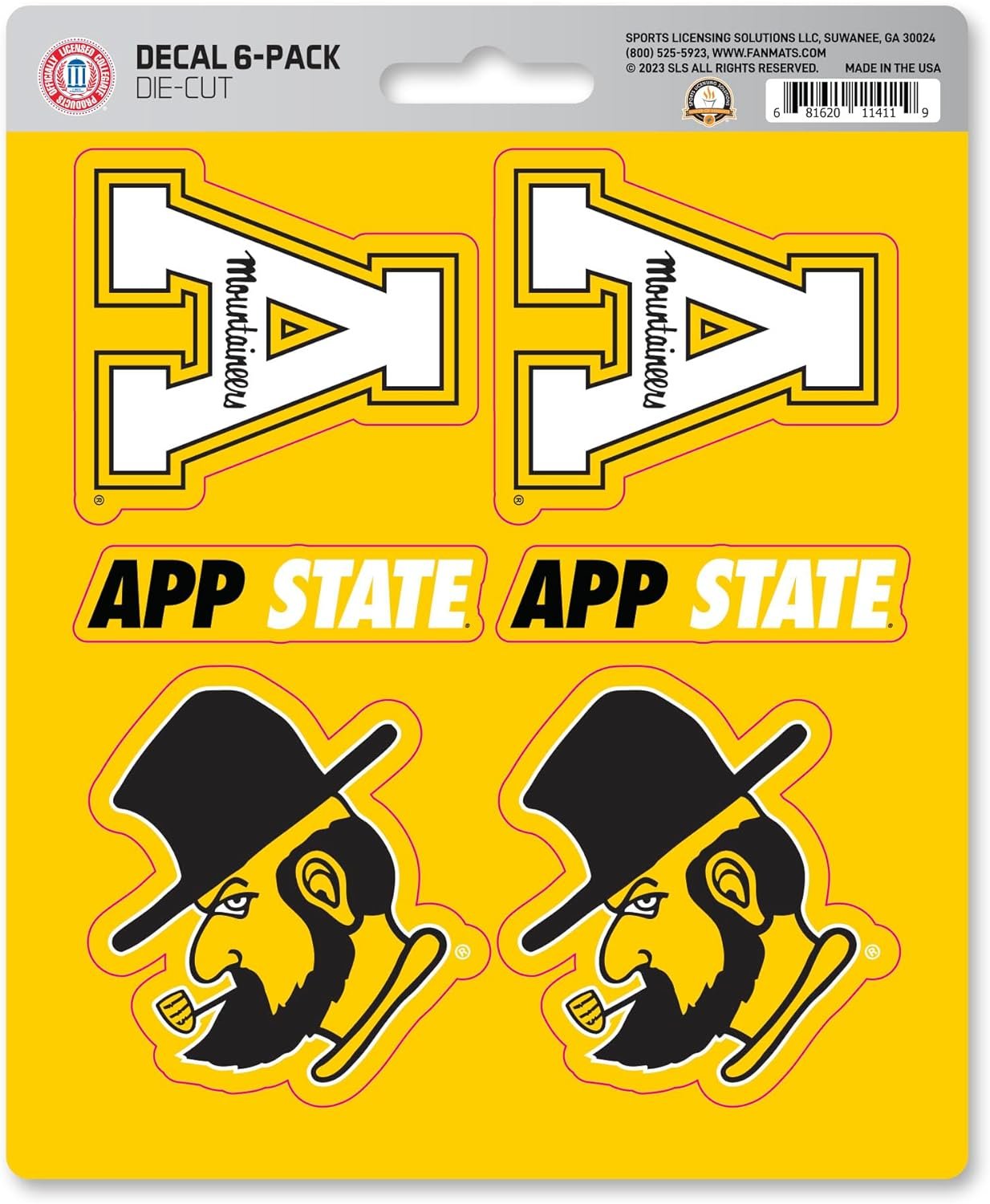 Appalachian State University Mountaineers 6-Piece Decal Sticker Set, 5x6 Inch Sheet, Gift for football fans for any hard surfaces around home, automotive, personal items