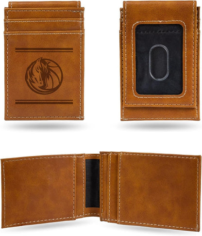 Rico Industries NBA Dallas Mavericks Premium Laser Engraved Vegan Brown Leather Front Pocket Wallet - Compact and Slim yet Sturdy Design - Perfect to Show Your Team Pride or Gift