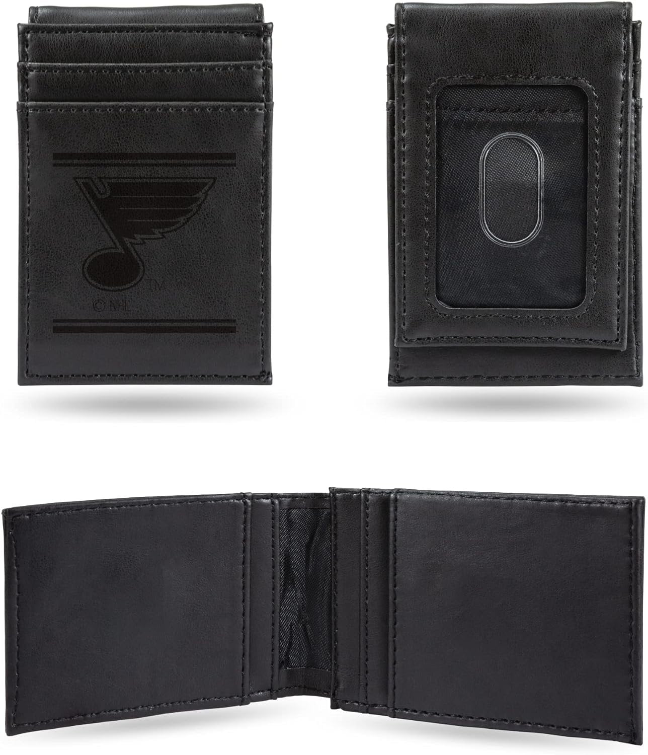 St Louis Blues Premium Black Leather Wallet, Front Pocket Magnetic Money Clip, Laser Engraved, Vegan
