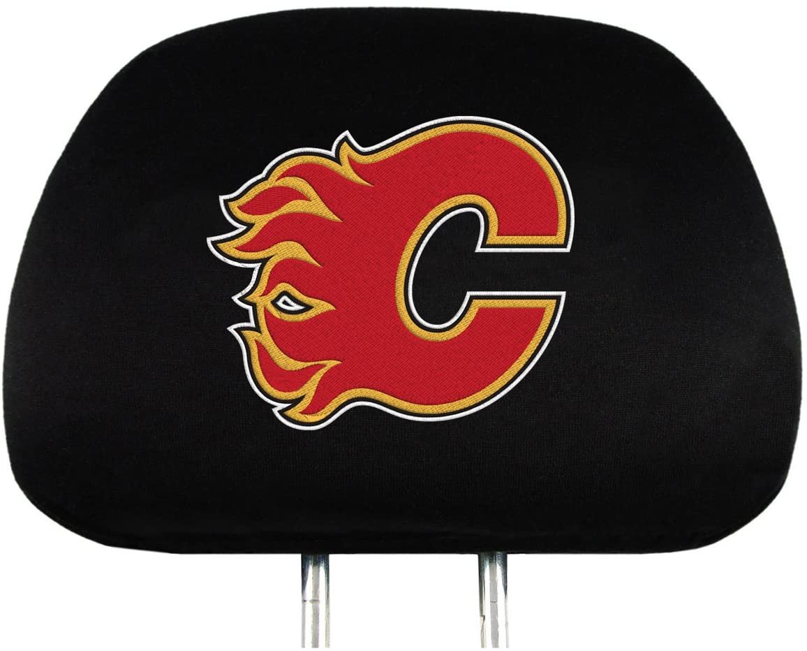 Calgary Flames Pair of Premium Auto Head Rest Covers, Embroidered, Black Elastic, 14x10 Inch