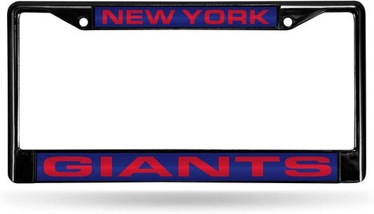 New York Giants Black Metal License Plate Frame Tag Cover, Laser Acrylic Mirrored Inserts, 12x6 Inch