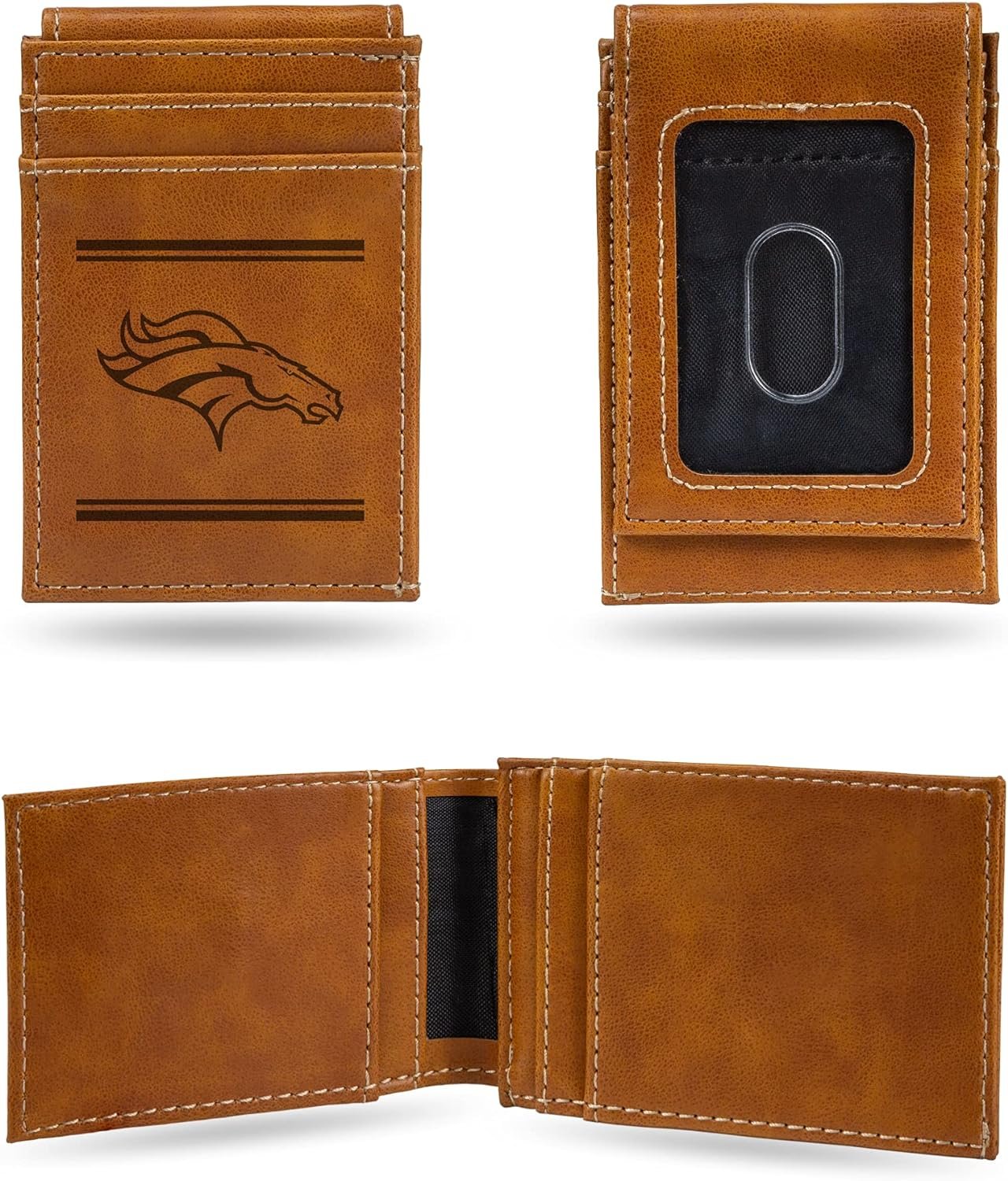 Rico Industries NFL Denver Broncos Premium Laser Engraved Vegan Brown Leather Front Pocket Wallet - Compact and Slim yet Sturdy Design - Perfect to Show Your Team Pride or Gift