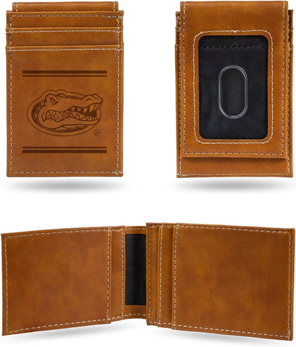 NCAA University of Florida Gators Men’s Front ID Pocket Brown Wallet- Premium 8 Pocket Laser-Engraved Team Logo on Vegan Leather- Minimalist Design, Credit Card Holder- Ideal for Travel or Men’s Gift