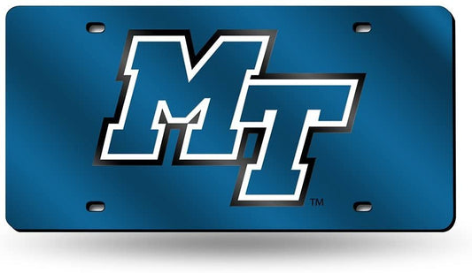Middle Tennessee State University Blue Raiders Laser Cut Tag License Plate, Blue, Mirrored Acrylic Inlaid, 12x6 Inch
