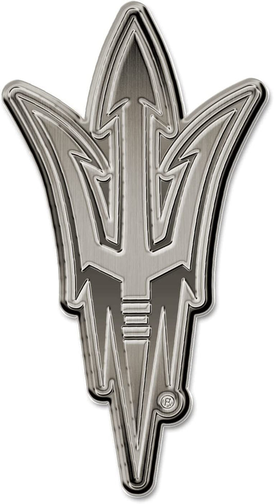 Arizona State University Sun Devils Premium Solid Metal Raised Auto Emblem, Antique Nickel Finish, Shape Cut, Adhesive Backing