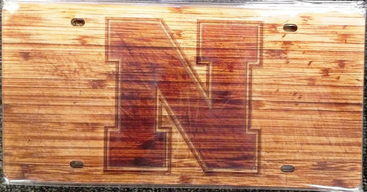 University of Nebraska Cornhuskers Premium Laser Cut Tag License Plate, Woodgrain Design, Mirrored Acrylic Inlaid, 6x12 Inch