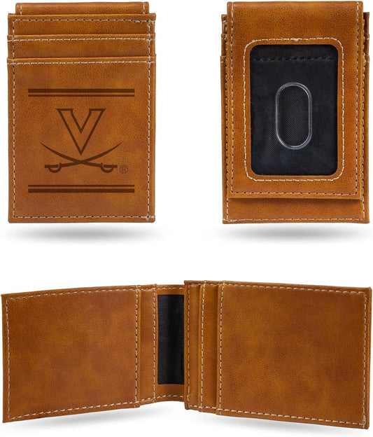 NCAA Virginia Cavaliers Men’s Front ID Pocket Brown Wallet- Premium 8 Pocket Laser-Engraved Team Logo on Vegan Leather- Minimalist Design, Credit Card Holder- Ideal for Travel or Men’s Gift