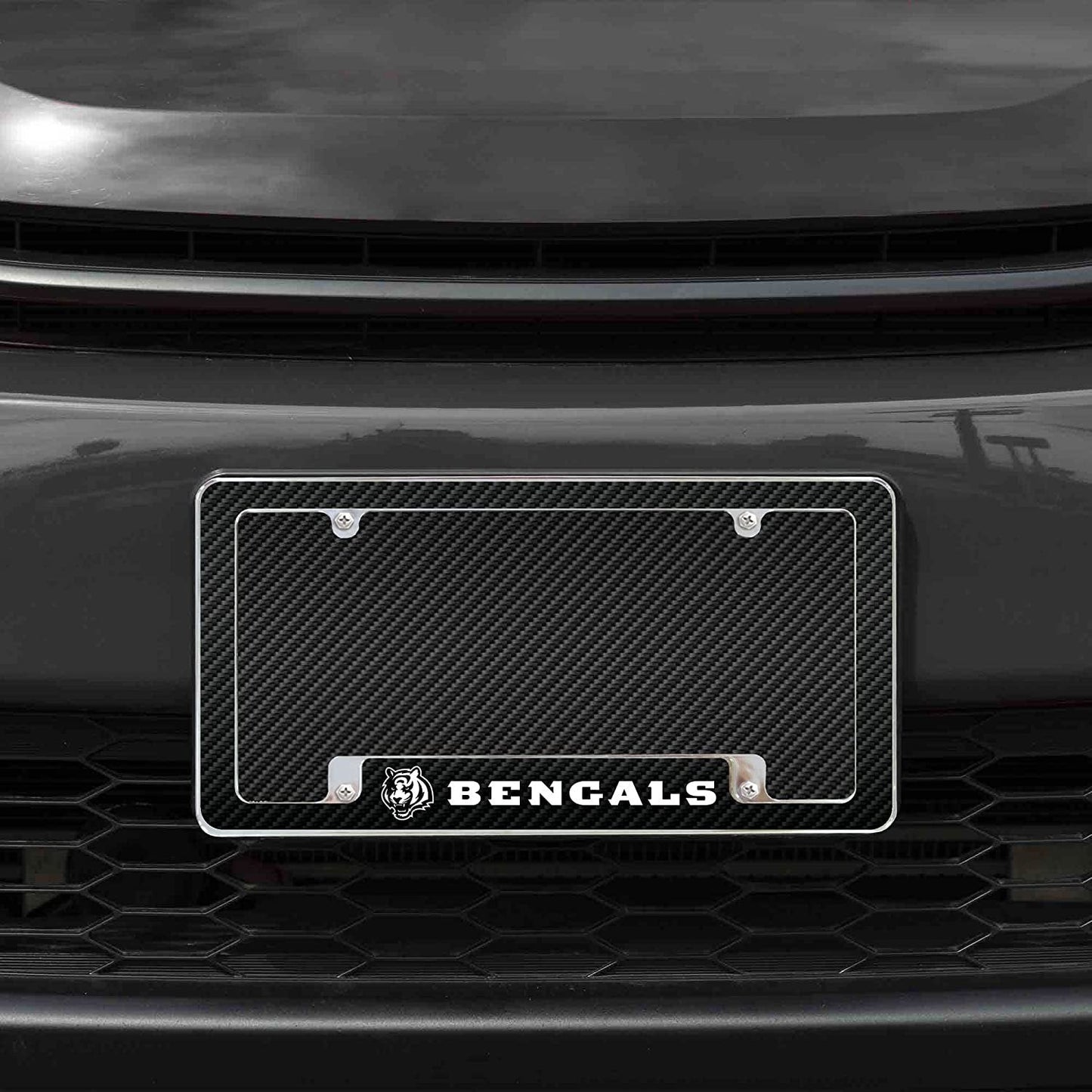 Cincinnati Bengals Metal License Plate Frame Chrome Tag Cover Carbon Fiber Design 6x12 Inch