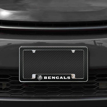 Cincinnati Bengals Metal License Plate Frame Chrome Tag Cover Carbon Fiber Design 6x12 Inch