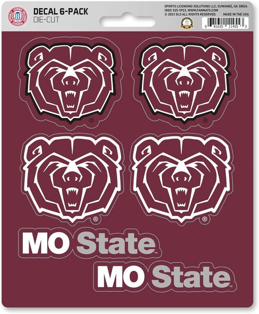 Missouri State University Bears 6-Piece Decal Sticker Set, 5x6 Inch Sheet, Gift for football fans for any hard surfaces around home, automotive, personal items