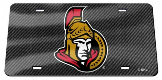 Ottawa Senators Premium Laser Cut Tag License Plate, Carbon Fiber Design, Mirrored Inlaid Acrylic, 12x6 Inch