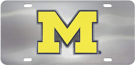 University of Michigan Wolverines License Plate Tag, Premium Stainless Steel Diecast, Chrome, Raised Solid Metal Color Emblem, 6x12 Inch