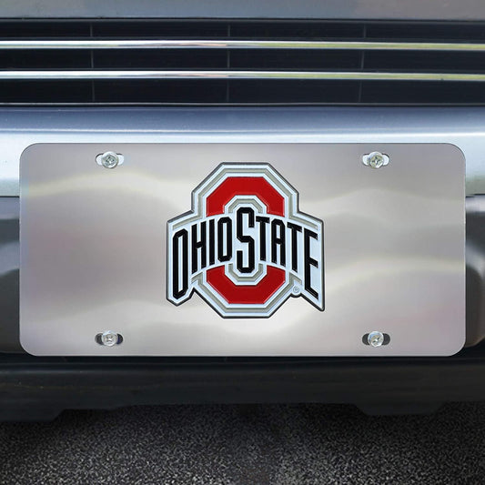 Ohio State University Buckeyes License Plate Tag, Premium Stainless Steel Diecast, Chrome, Raised Solid Metal Color Emblem, 6x12 Inch