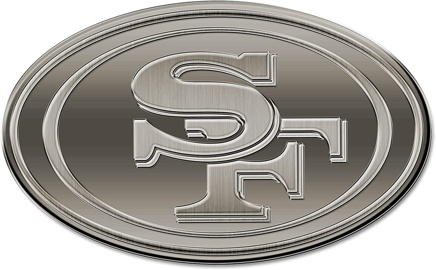 San Francisco 49ers Premium Solid Metal Raised Auto Emblem, Antique Nickel Finish, Shape Cut, Adhesive Backing