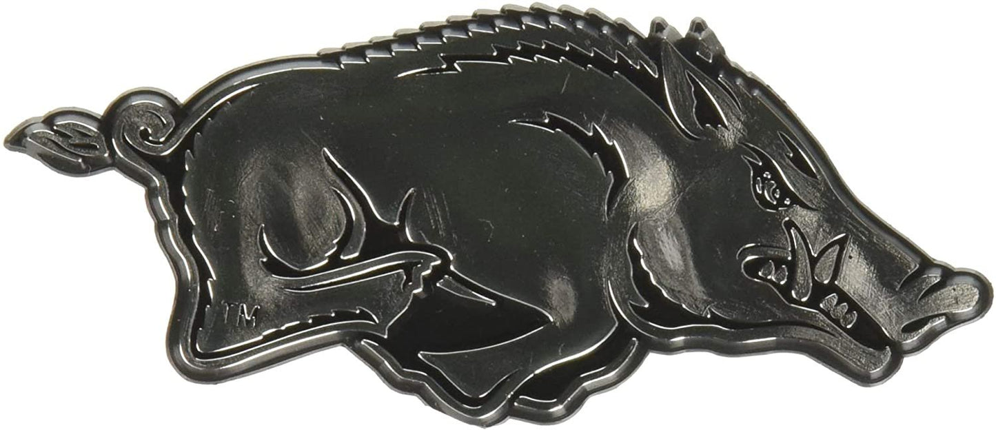 University of Arkansas Razorbacks Auto Emblem, Silver Chrome Color, Raised Molded Shape Cut Plastic, Adhesive Tape Backing