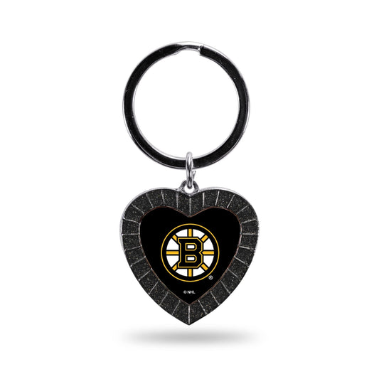 Boston Bruins Metal Keychain, Team Color Rhinestone Heart
