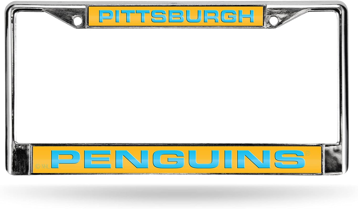 Pittsburgh Penguins Metal License Plate Frame Chrome Tag Cover, Laser Acrylic Mirrored Inserts, 12x6 Inch