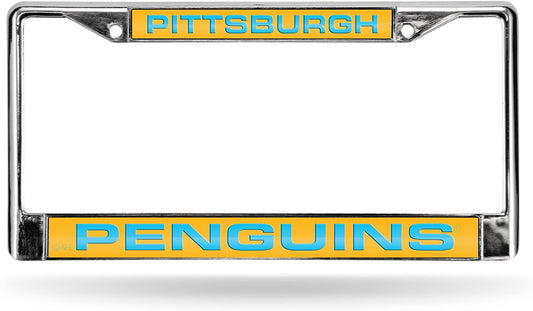 Pittsburgh Penguins Metal License Plate Frame Chrome Tag Cover, Laser Acrylic Mirrored Inserts, 12x6 Inch