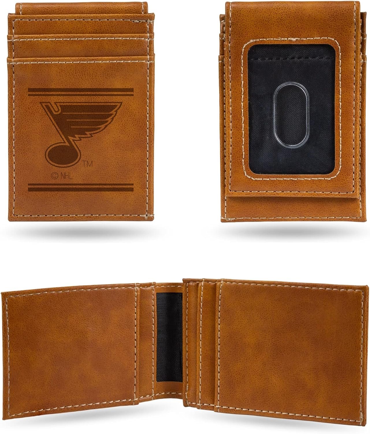 Rico Industries NHL St. Louis Blues Premium Laser Engraved Vegan Brown Leather Front Pocket Wallet - Compact and Slim yet Sturdy Design - Perfect to Show Your Team Pride or Gift