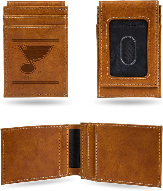 Rico Industries NHL St. Louis Blues Premium Laser Engraved Vegan Brown Leather Front Pocket Wallet - Compact and Slim yet Sturdy Design - Perfect to Show Your Team Pride or Gift