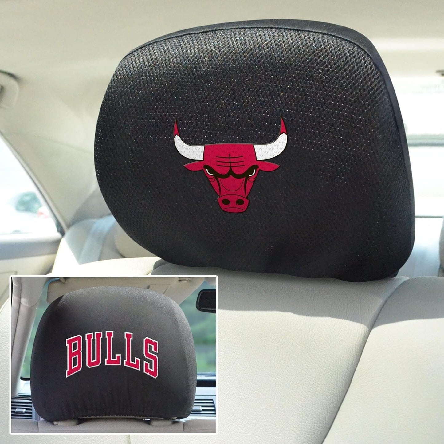 Chicago Bulls Premium Pair of Embroidered Auto Head Rest Covers, Black, Elastic, 10x14 Inch