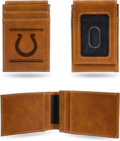 Rico Industries NFL Indianapolis Colts Premium Laser Engraved Vegan Brown Leather Front Pocket Wallet - Compact and Slim yet Sturdy Design - Perfect to Show Your Team Pride or Gift