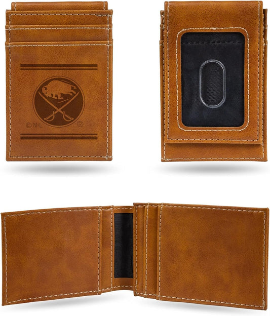Rico Industries NHL Buffalo Sabres Premium Laser Engraved Vegan Brown Leather Front Pocket Wallet - Compact and Slim yet Sturdy Design - Perfect to Show Your Team Pride or Gift