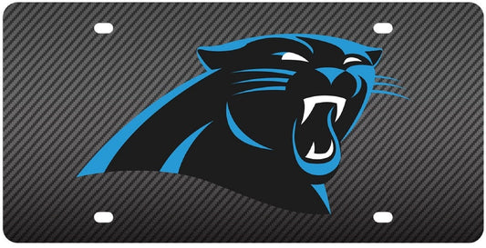 Carolina Panthers Premium Laser Cut Tag License Plate, Carbon Fiber Design, Mirrored Acrylic Inlaid, 12x6 Inch