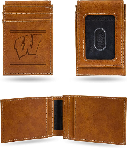 NCAA Wisconsin Badgers Men’s Front ID Pocket Brown Wallet- Premium 8 Pocket Laser-Engraved Team Logo on Vegan Leather- Minimalist Design, Credit Card Holder- Ideal for Travel or Men’s Gift