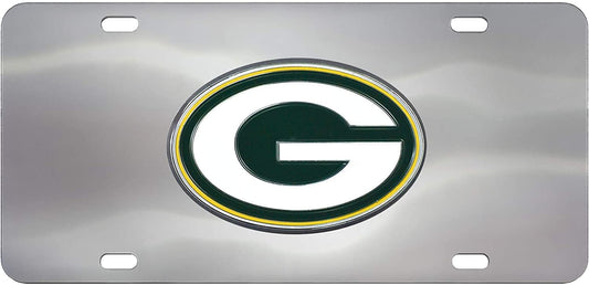 Green Bay Packers License Plate Tag, Premium Stainless Steel Diecast, Chrome, Raised Solid Metal Color Emblem, 6x12 Inch
