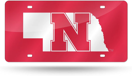 University of Nebraska Cornhuskers Premium Laser Cut Tag License Plate, Red, Mirrored Acrylic Inlaid, 12x6 Inch