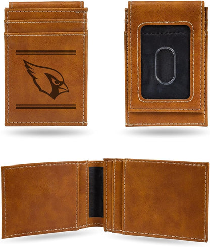 Rico Industries NFL Arizona Cardinals Premium Laser Engraved Vegan Brown Leather Front Pocket Wallet - Compact and Slim yet Sturdy Design - Perfect to Show Your Team Pride or Gift