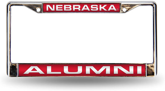 University of Nebraska Cornhuskers Metal License Plate Frame Chrome Tag Cover, Alumni, Laser Acrylic Mirrored Inserts, 12x6 Inch