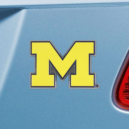 University of Michigan Wolverines Premium Solid Metal Raised Auto Emblem, Team Color, Shape Cut, Adhesive Backing