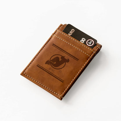Rico Industries NHL New Jersey Devils Premium Laser Engraved Vegan Brown Leather Front Pocket Wallet - Compact and Slim yet Sturdy Design - Perfect to Show Your Team Pride or Gift