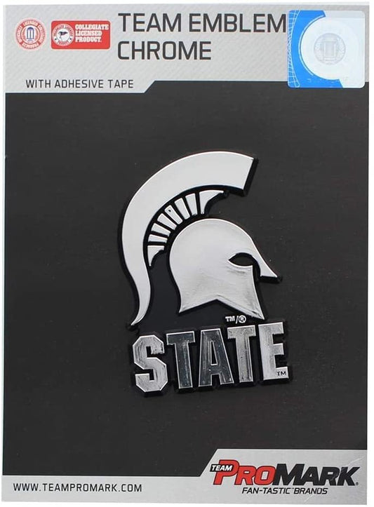 Michigan State University Spartans Auto Emblem, Silver Chrome Color, Raised Molded Shape Cut Plastic, Adhesive Tape Backing