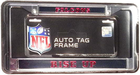 Atlanta Falcons Metal License Plate Frame Chrome Tag Cover, Laser Acrylic Mirrored Inserts, Rise Up, 12x6 Inch
