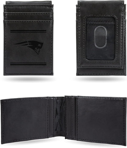 New England Patriots Premium Black Leather Wallet, Front Pocket Magnetic Money Clip, Laser Engraved, Vegan